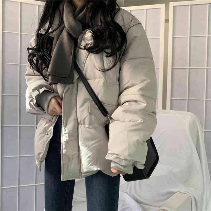 Winter Coat Women OL Formal Loose Solid Stand Collar Thicken Warm Casual Padded Jacket Outwear Parkas 210421