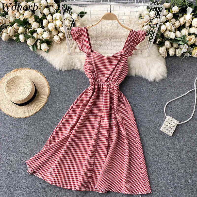 Sweet Woman Dress Chic Flying Sleeve Sling Vestidos Mujer Summer Vintage Plaid Robe Slim Waist Fashion Ruffles Dresses 210519