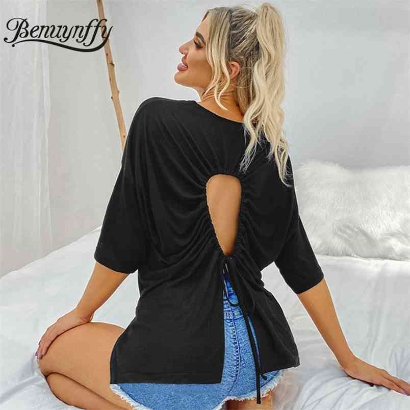 Black Cutout Tie Back Split T-Shirt Women Summer O-Neck Short Sleeve Loose Tee Clothes Street style Tops for Woman 210510