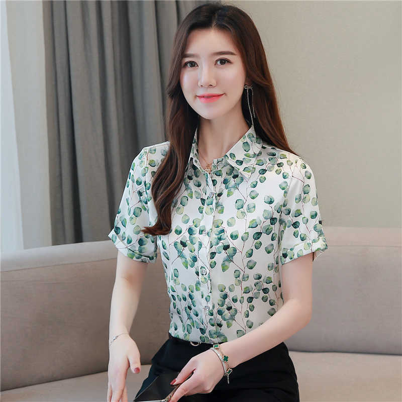 Korean Silk Women Shirts Satin Blouse Office Lady Print Shirt Tops Plus Size Blouses Blusas Mujer De Moda 210531