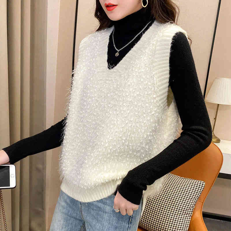 V-neck solid color pullover Korean style bright silk women's sweater vest knitted women loose outer wear 210514