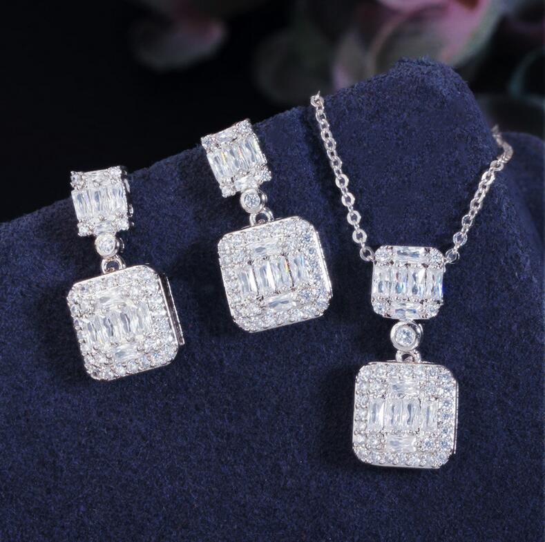 Ins Top Sell Luxury Jewelry Set 925 Sterling Silver T Princess Cut White Topaz CZ Diamond Gemstones Party Handmade Women Dangle Earring Clavicle Neckl