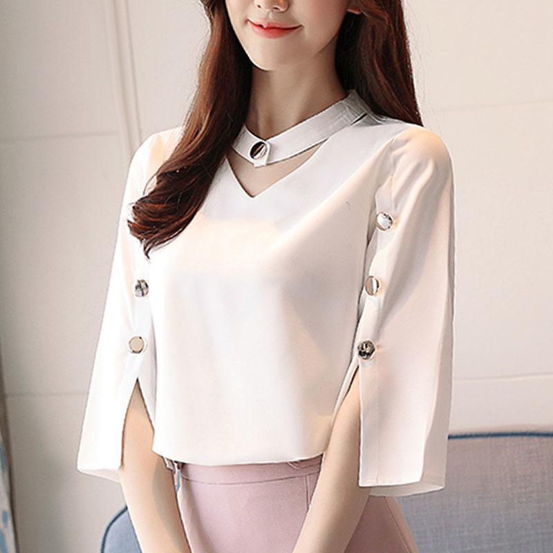 Women blouses ladies tops chiffon Beading Solid white shirts Three Quarter V-Neck blusas 2994 50 210427
