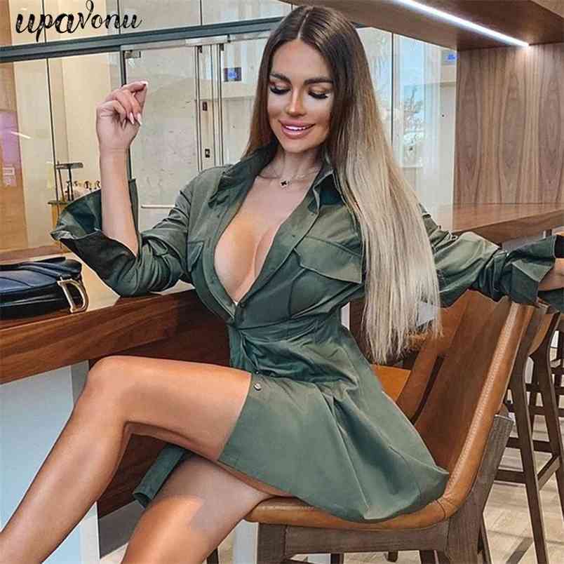 Free Women's Green Long Shirt Dress Sexy Lapel Flare Sleeve Single Breasted Bodycon Club Party Vestidos 210524