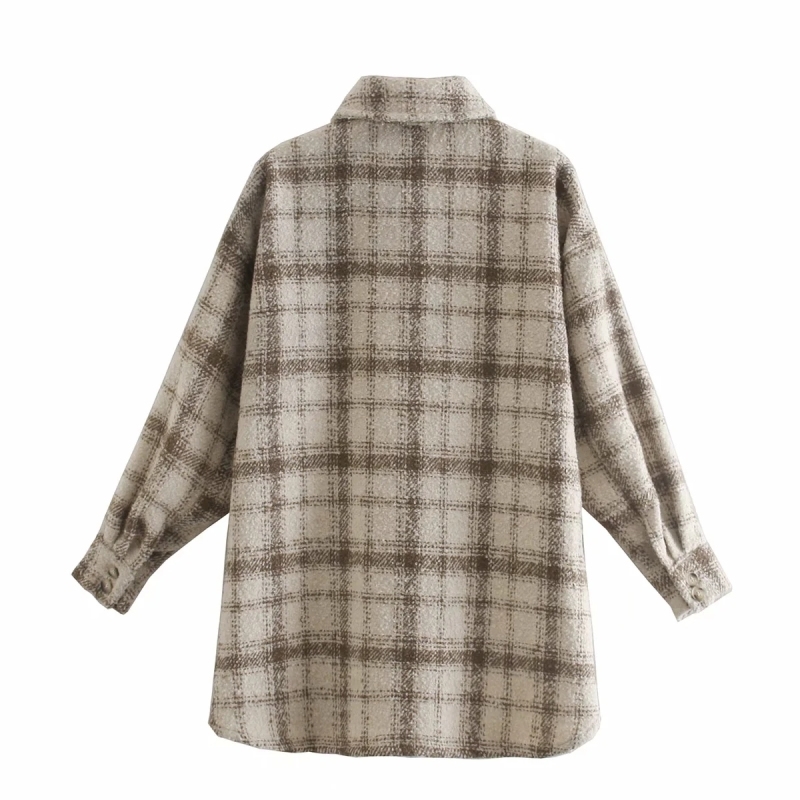 Vintage Women Soft Tweed Shirts Autumn Ladies Oversize Plaid Blouses Streetwear Winter Girls Loose Outwear Chic 210430