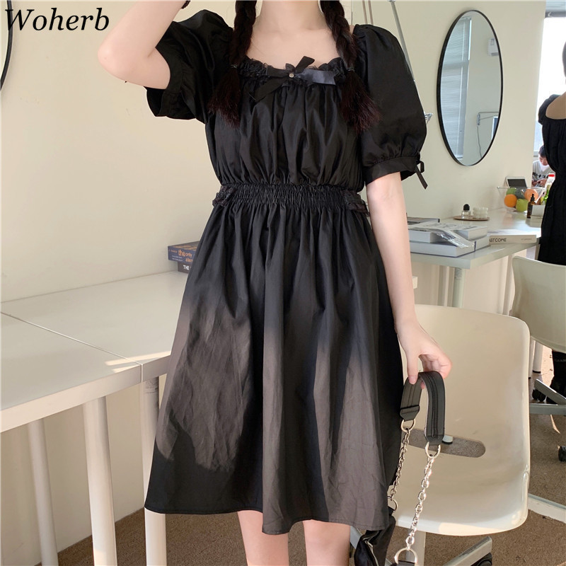 Kawaii White Black Dress Chic Korean Summer Women Mid-length Dresses Lace-up Slim Waist Elegant A-line Vestidos Femme 210519