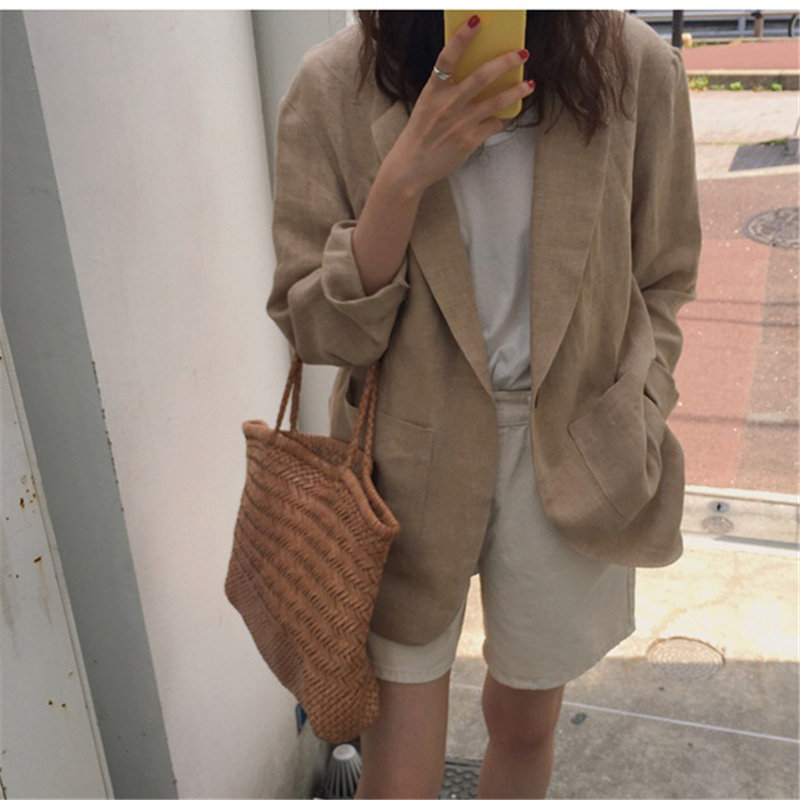 Chic Light-Brown Thin High Quality Office Lady Women Linen Fashion All-Match Retro Loose Streetwear Vintage Blazers 210421