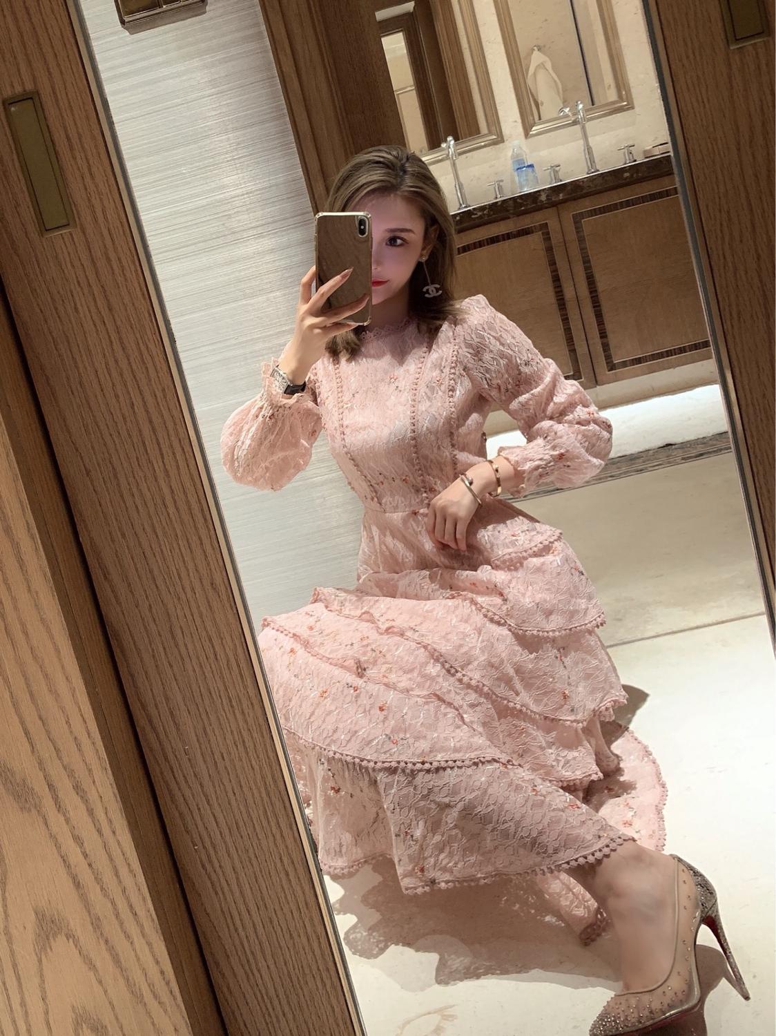 pring Summer Pink Lace Embroidery Maxi Dress Female Full sleeve high waist Ruffle elegant Long party dresses Woman 210506