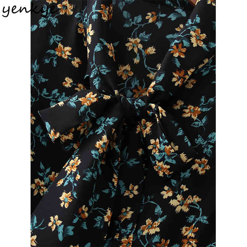 YENKYE Summer Dress Women Vintage Floral Print Vestido Mujer Bow Tie Collar Long Sleeve A-line Casual Dress Short Robe 210515