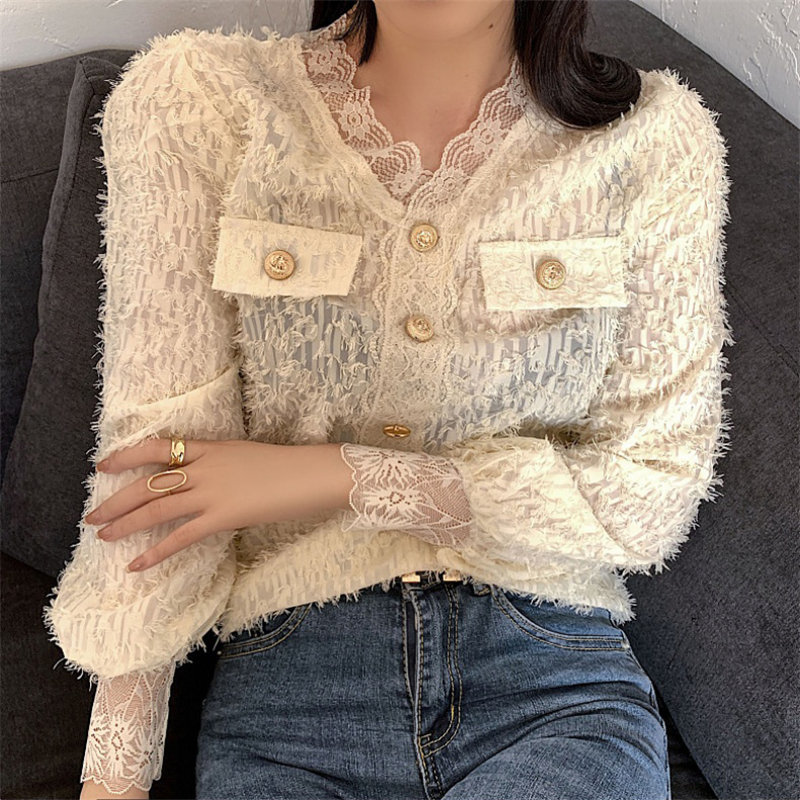 Brief Tassel Lace Elegance Loose V-Neck Lantern Sleeves Women Office Lady Gentle Chic Blouse Fashion Shirts 210421
