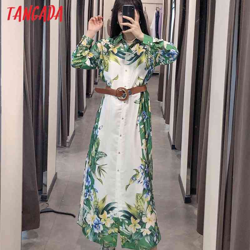 Women Chic Fashion Floral Print Midi Dress with Belt Vintage Long Sleeve Female Dresses BE466 210416