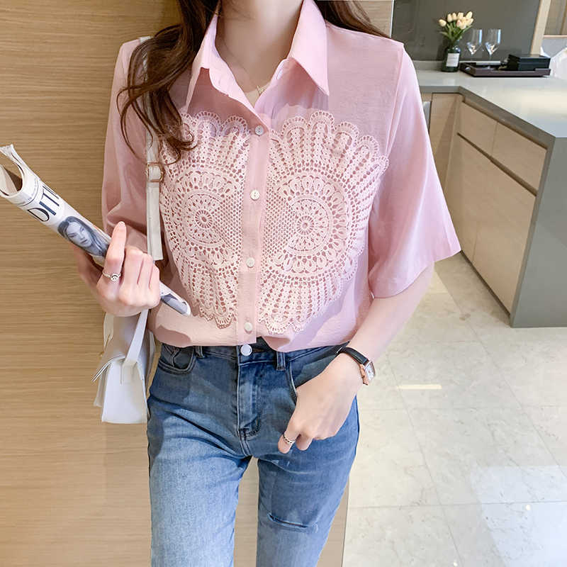 Korean Women Shirt Chiffon Blouses for Half Sleeve Shirts Female White Lace Embroidery Blouse Tops Plus Size Woman 210604