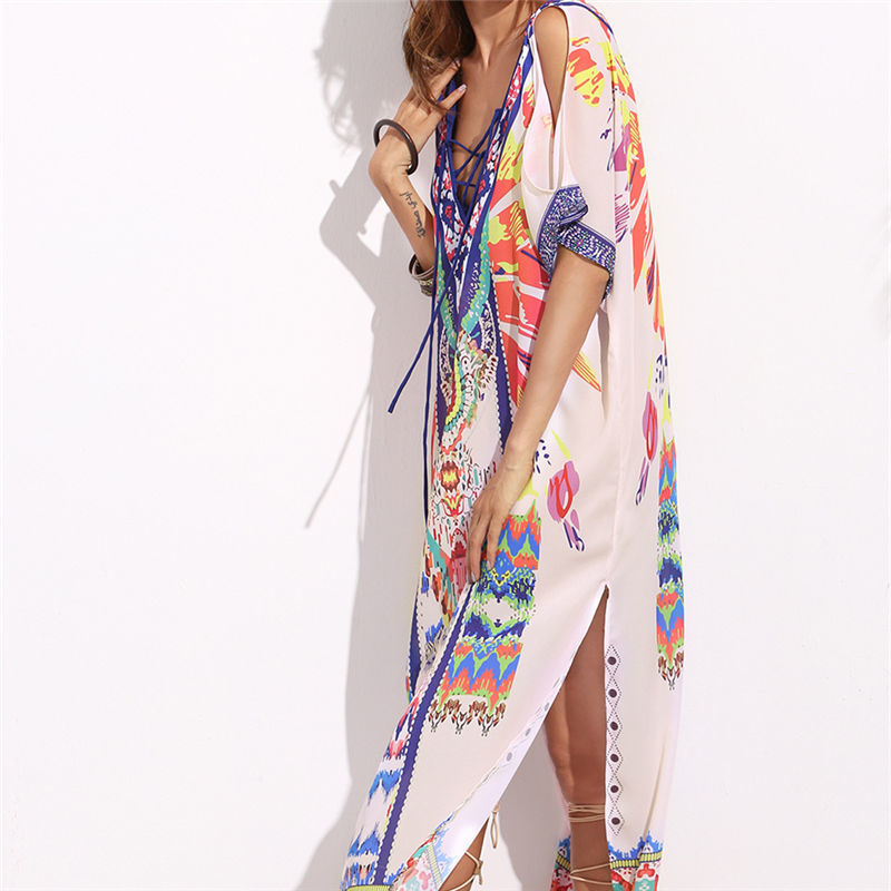 Beach Cover up Print Ethnic Kaftan ups Ladies Saida de Praia Dress Swimwear Tunic Women Robe Plage #Q260 210420