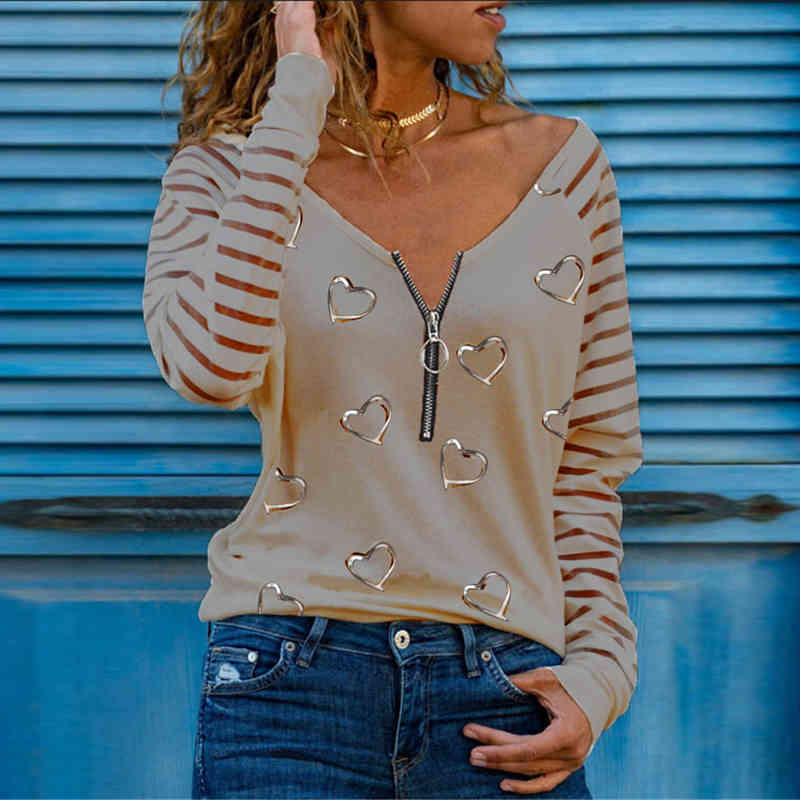 Fashion Women Full Sleeves Streetwear Women Top Casual Shirt Zip V-Neck Long Sleeve Patchwork T-shirt Graphic Tee Lady tshirts 210515