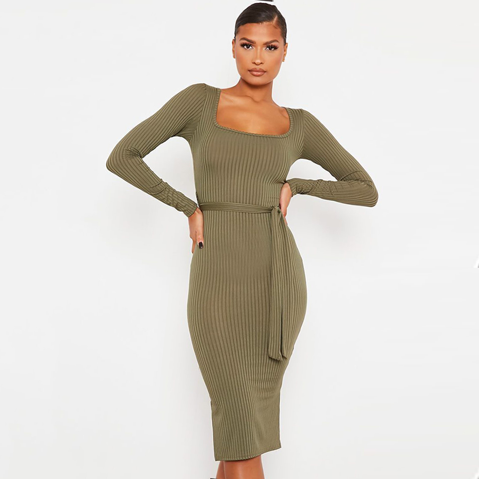 Free Women's Green Striped Dresses Square Neck Long Sleeve Split Bodycon Tie Dress Club Night Party Vestidos 210524