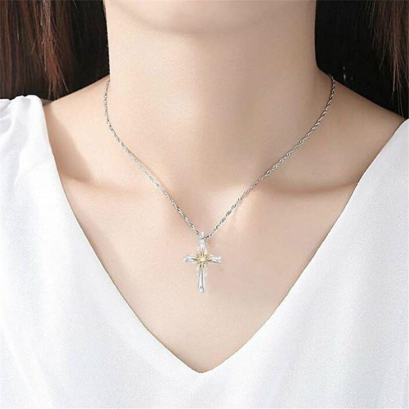 Vintage Sier Fill Cross Pendant Necklace for Lover Gift, White Sapphire CZ Dia Eternity Clavicle Jewelry