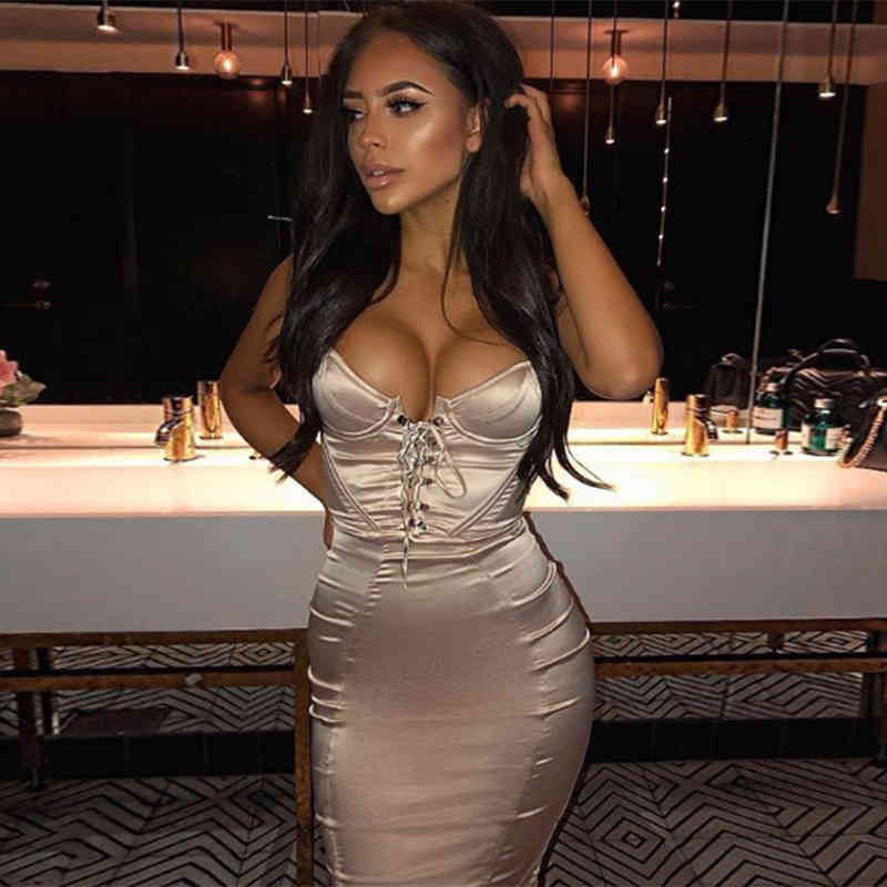 NewAsia Corset-style Lace Up Club Dress Women Summer Sexy Padded Bra Satin Dress Woman Party Night Elegant Dress Champagne 210409