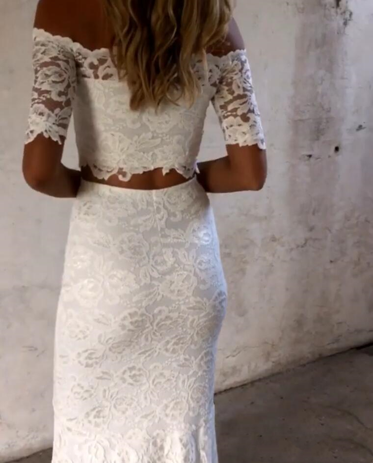 Bohemian Full Lace Mermaid Wedding Dresses Bridal Gowns Two Pieces Bateau Neck Off Shoulder Summer Boho Beach Bride Dress