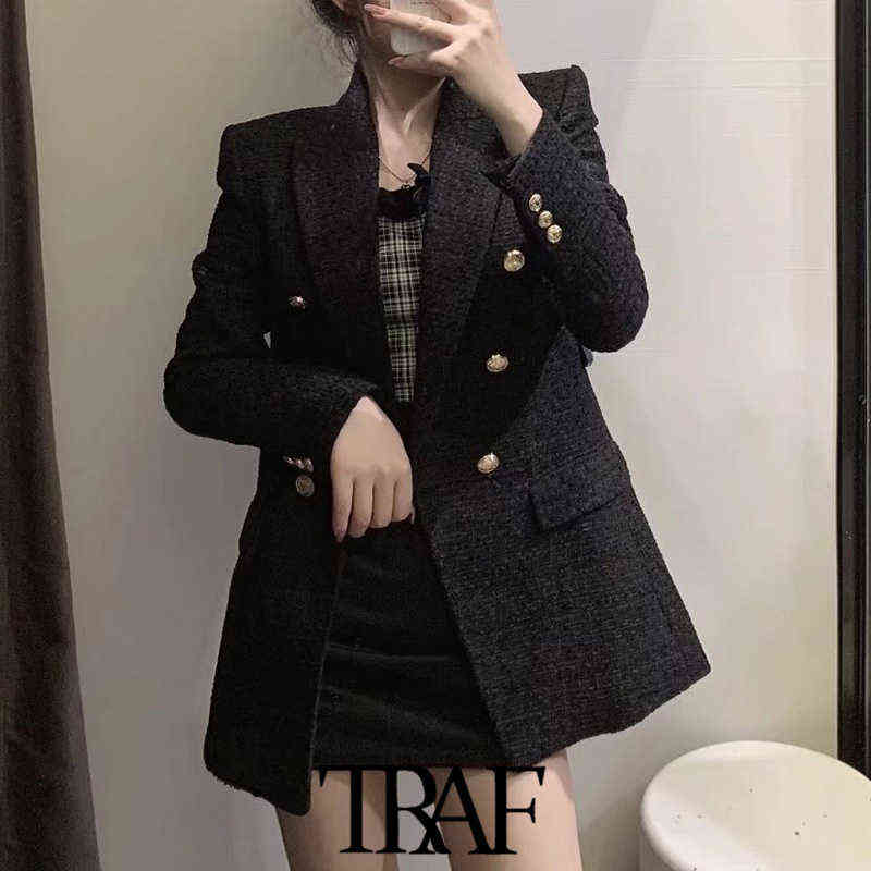 TRAF Women Fashion With Metal Button Tweed Blazer Coat Vintage Long Sleeve Flap Pockets Female Outerwear Chic Veste 211122