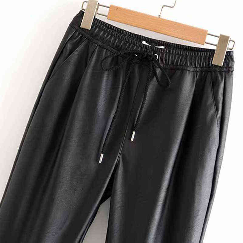 TRAF Women Faux PU Leather Pockets Pants Vintage Fashion Elastic Waist Drawstring Tie Ladies Ankle Trousers Pantalones Mujer 211115