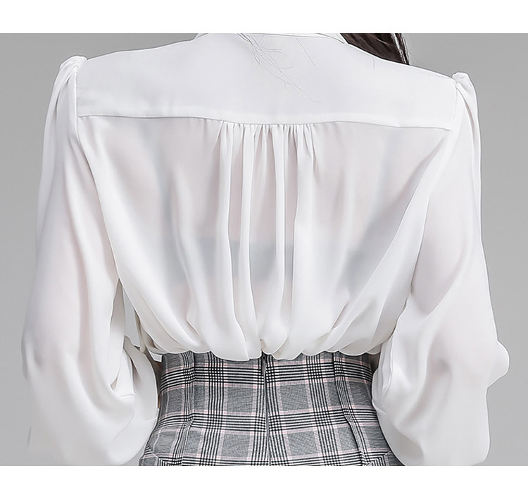 Women 2 Pieces Set Spring fashion White long Sleeve V-Neck chiffon Shirt Top+Bodycon plaid single-breasted pencil Skirt Set 210518