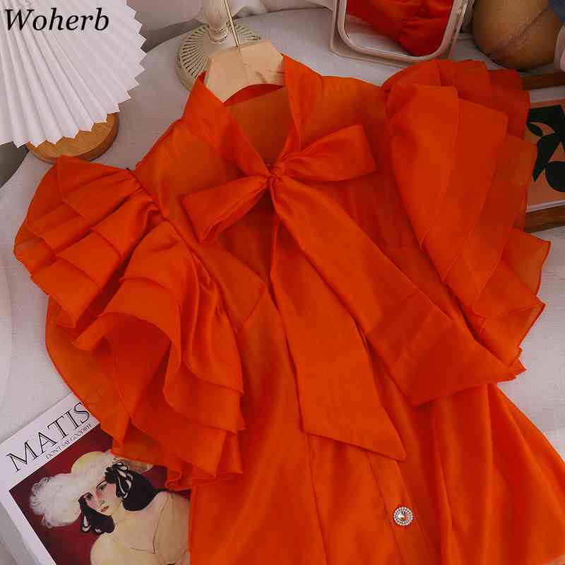 Women Blouse Ruffles Short Sleeve Shirt Office Lady Solid Summer Korean Streetwear Blusas Mujer Fashion Tops Vintage 210519
