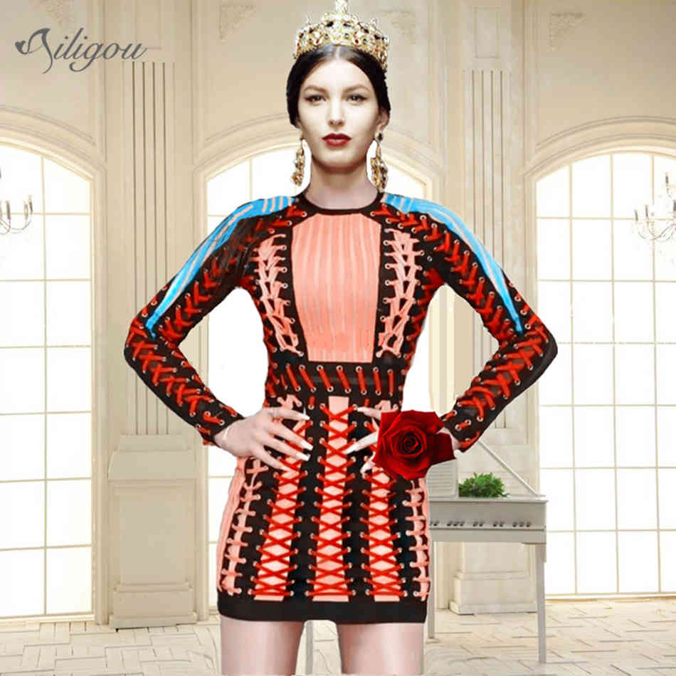 Women's Bandage Mini Celebrity Party Sexy Bodycon Long Sleeve O-Neck Cross-stitch Patchwork Dress 210525