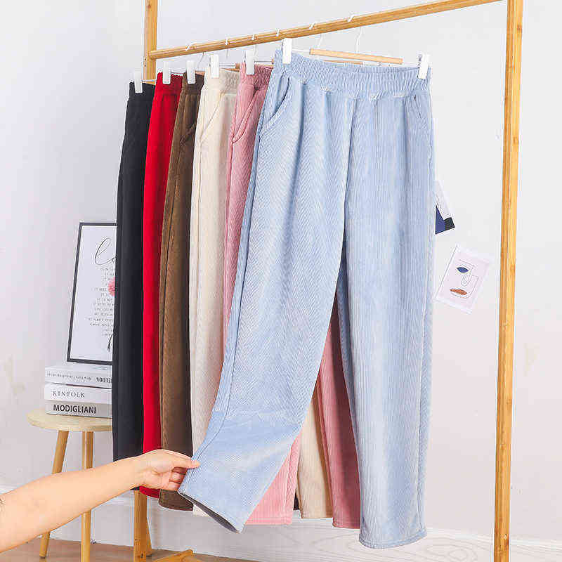 Women Corduroy Thick Pants Autumn Winter Casual Solid Fleece Inside Elastic Waist Harem AnkleLength Warm Trousers 211124Z