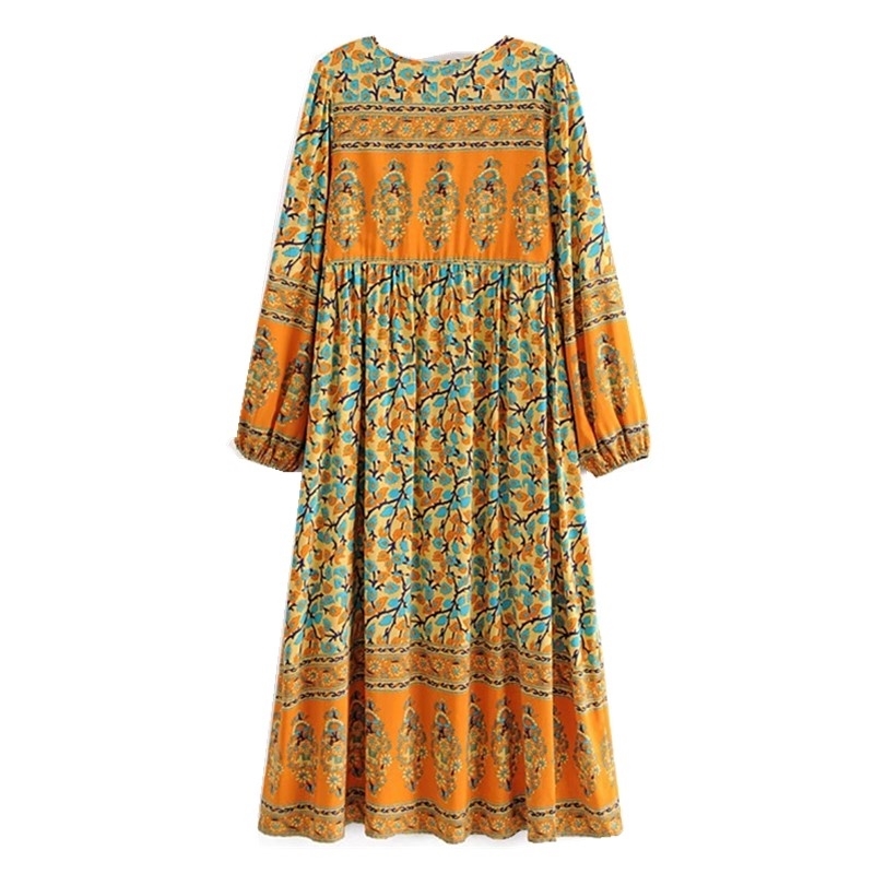 Bohemian Lace up V neck Location Floral Print Dress Orange Ethnic Woman Tassel Long Sleeve Holiday Dresses BOHO 210429