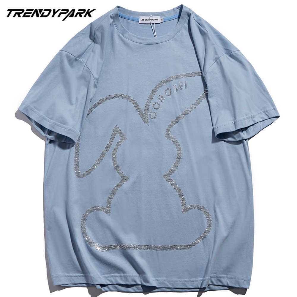 Men's Hip Hop Oversize T Shirt Diamond Rabbit Print T-Shirt Harajuku Cotton Streewtear Summer Short Sleeve Tshirt Green Tee 210601