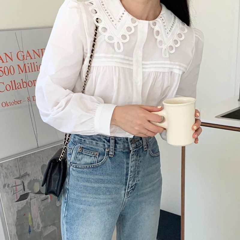 Spring Vintage Embroidery Turn Down Collar Elegant Blouse Women Single-Breasted Puff Long Sleeve Work OL Style Blusas Top 210519