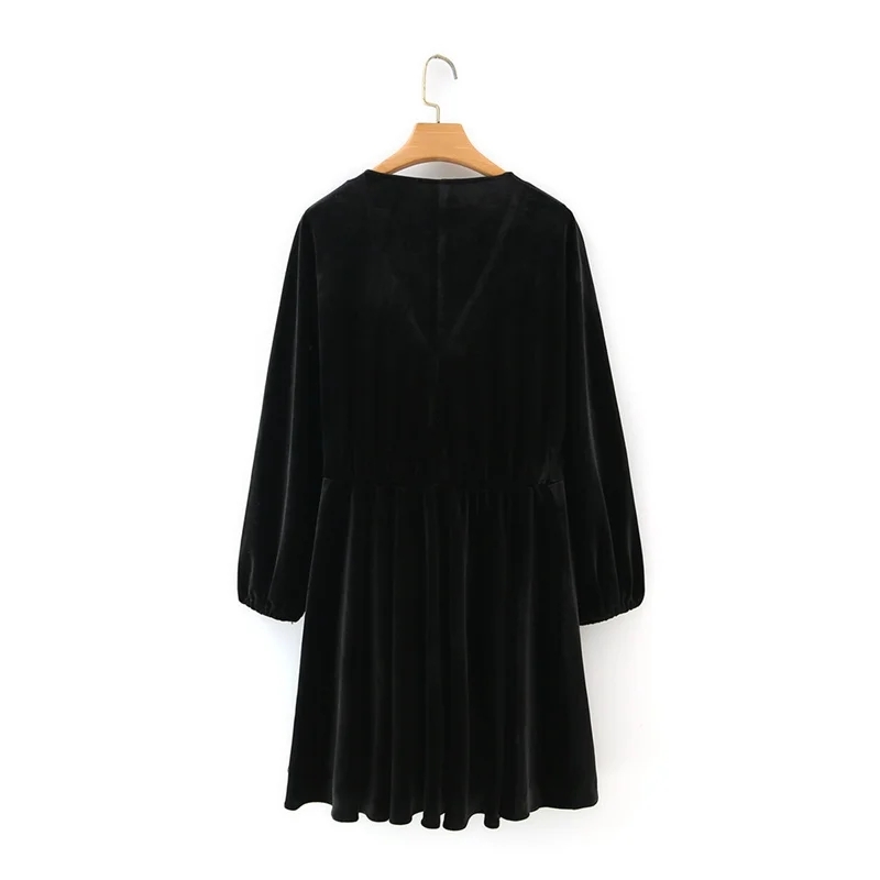 Women Deep V-neck Velvet Mini Dress Femme Nine Quarter sleeve Dresses Casual Lady Loose Clothes Vestido D6575 210430Z