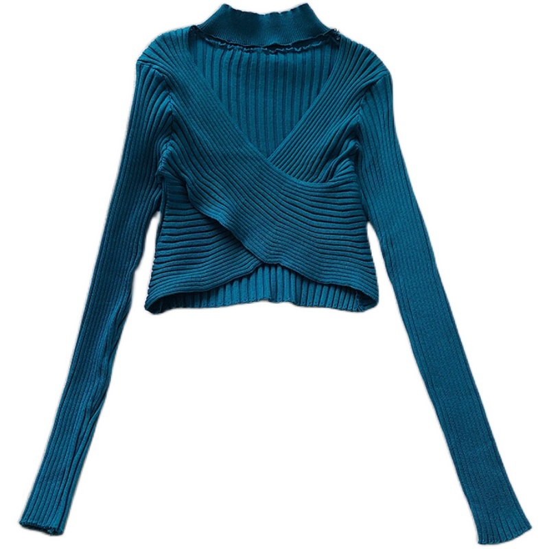 Nomikuma Autumn Korean Elegant Slim Short Pullover Knitwear Halter Corss V-neck Long Sleeve Knitted Women Tops New 6B984 210427