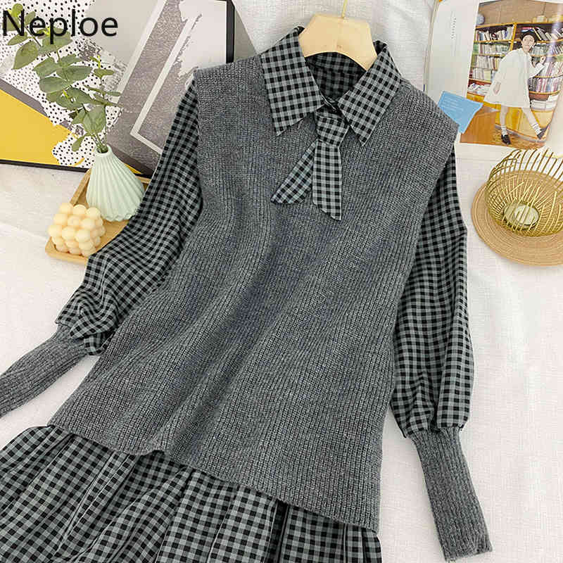 Neploe Two Piece Outfits for Women Fall Clothes Plaid Dress Knitted Sweater Vest Korean Fashion Suit Ropa Mujer 2 Piece Set 210422