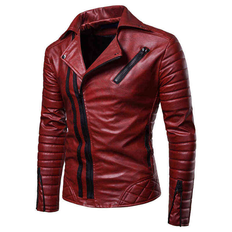 Obique Zipper Motorcycle Leather Jacket Men Stylish Striped Winter Windproof Casaco Masculino PU Leather Jackets Coats Mens 211111