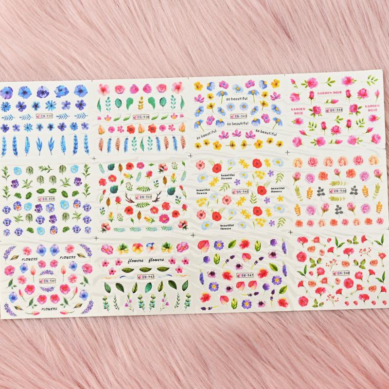 Stickers & Decals 12pcs/Sheet Water Nail Art Sticker Nails Cartoon/Flowers Mixed Design For Decorations Colorful Slide