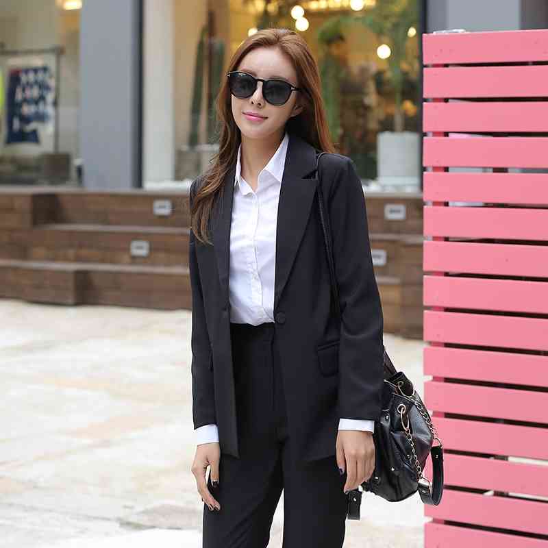 Korean Casual Women Pant Suit Sets Single Buttons Blazer Jacket + Pencil Pants Fashion Office Business 2 Piece Suits 210518
