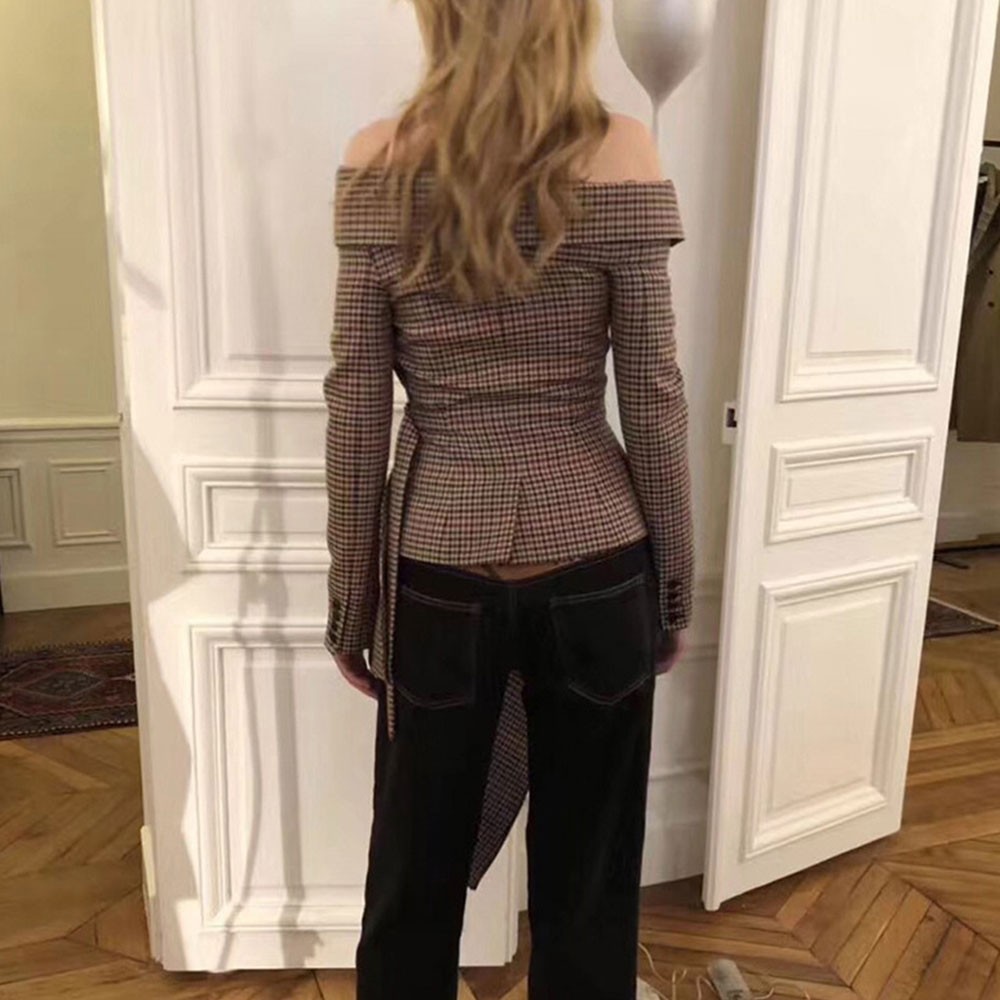 Off Shoulder Plaid Blazer Female Jacket Slash Neck Long Sleeve Irregular Hem Plus Size Women's Coats Autumn Fashion 210428