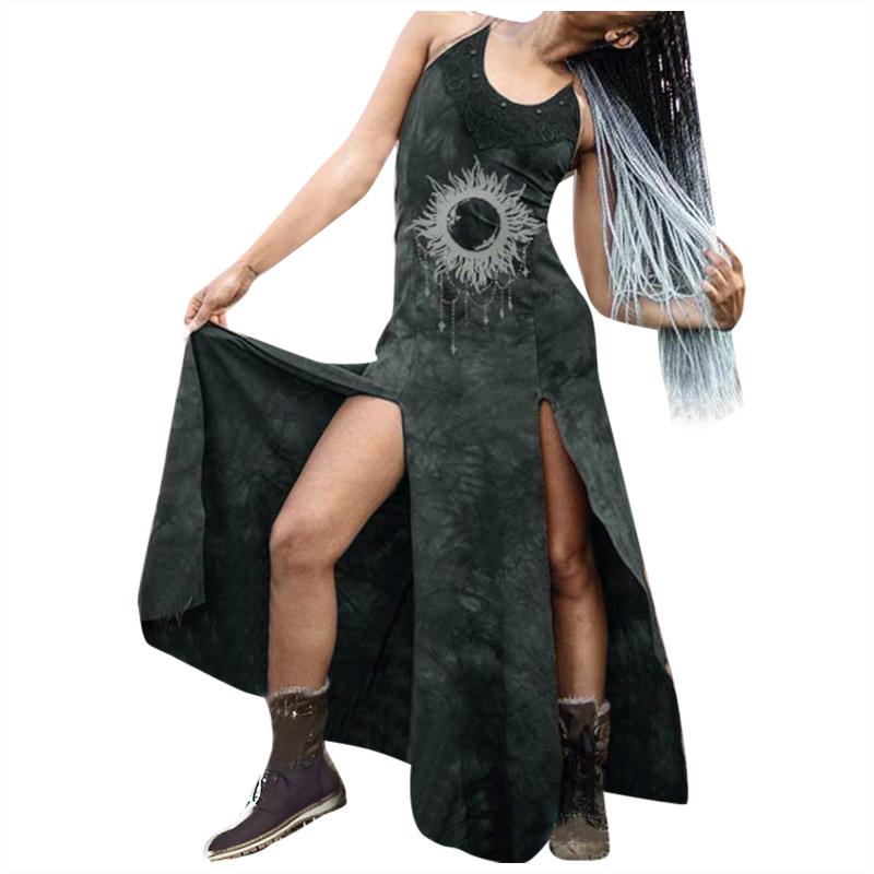 Dress Women Casual Summer Retro Dyeing Lace Print Split Dresses Sexy Long Slip Plus Size Gothic Sundresses