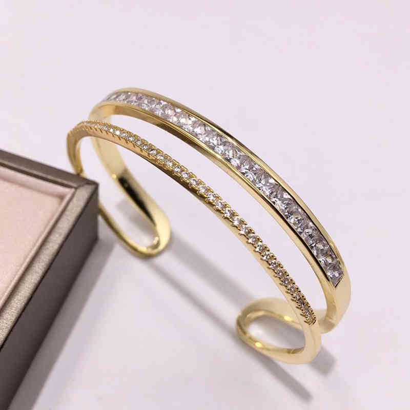 Charm Bracelets 56 Straight Korean Fashionable Double-layer Full Diamond Open Personalized Creative Niche Hand Jewelry