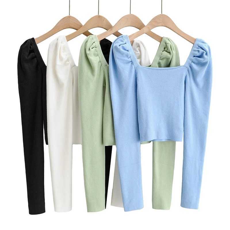 WOMENGAGA Women Square Neck Crop Knitted Jumper With Puff Shoulder Detail Long Sleeve Knit Top K4YC 210603