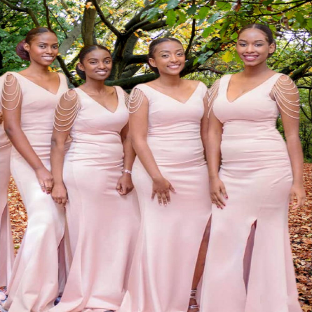 V Neck Pink Mermaid Bridesmaid Dress Long Wedding Guest Gown Black Girl Prom Evening Party Gowns