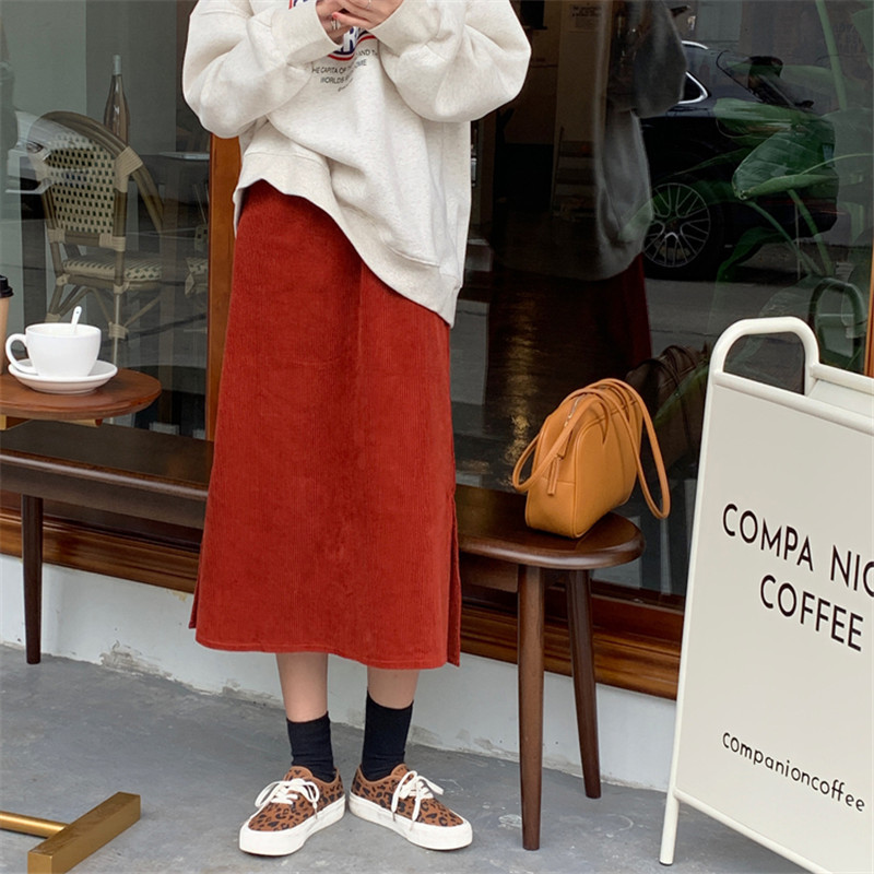 Spring Autumn Elastic High Waist Vintage Split Corduroy Bottoming Skirt Female OL Elegant Solid Long Skirts Womens 210421