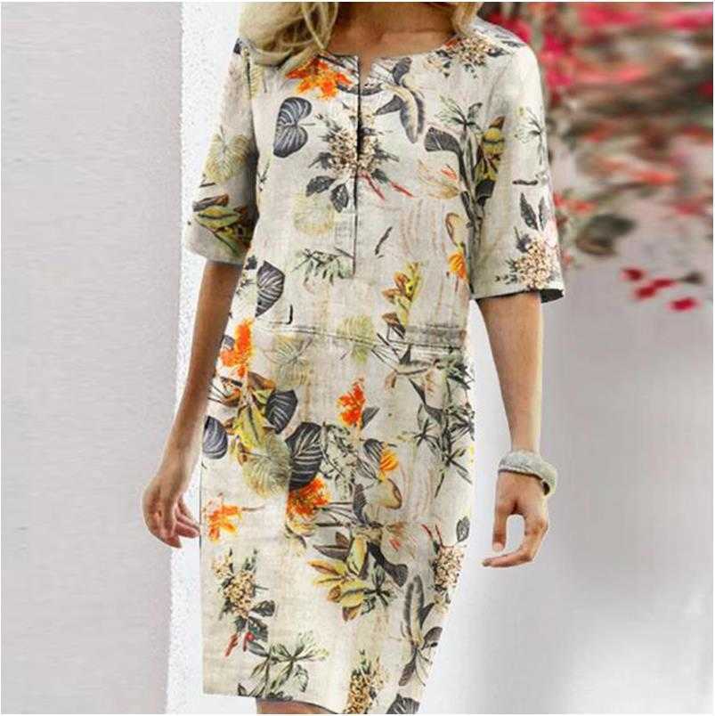 Autumn Cotton Linen Dress Spring Button O-Neck Printing Knee Party Dress Women Long Sleeve Dresses Plus Size 4XL 210630