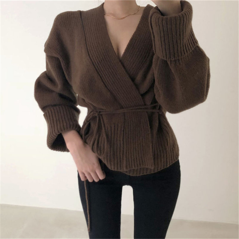 Autumn Chic All-Match Open Stitch Lace-Up Cute Sexy Regular High Street V-Neck Loose Cardigans Casual Knitted Sweaters 210421