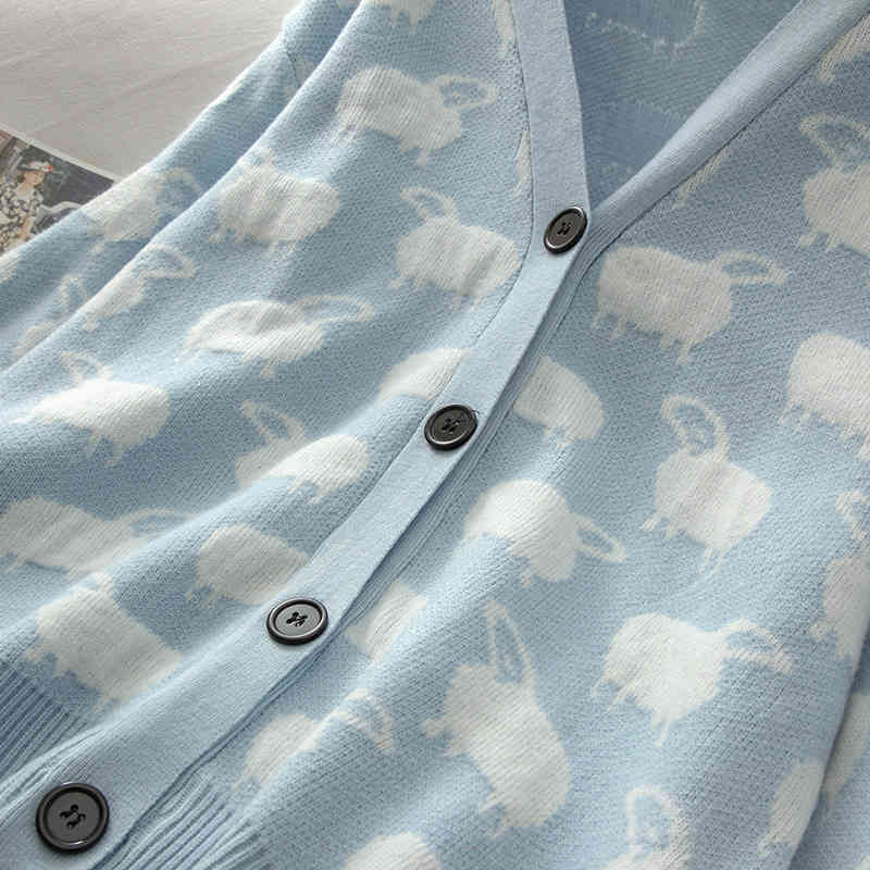 Kimutomo Cute Cartoon Sheep Knitted Cardigans Girls V-neck Long Sleeve Single Breasted Sweater Outwear Casual Spring Thin 210521