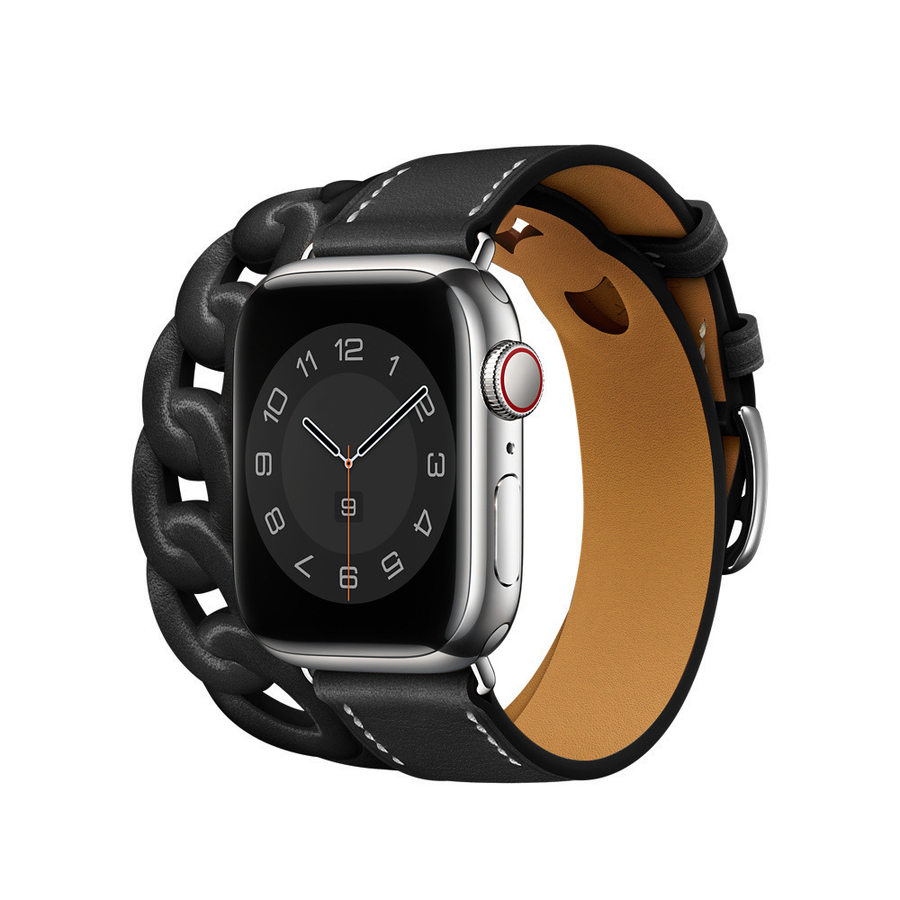 Gourmette Leather Double Tour Strap band Compatible with Watch 7 45mm 41mm correa 42 38mm bracelet iwatch series 6 5 4 3 Se 44mm 40mm