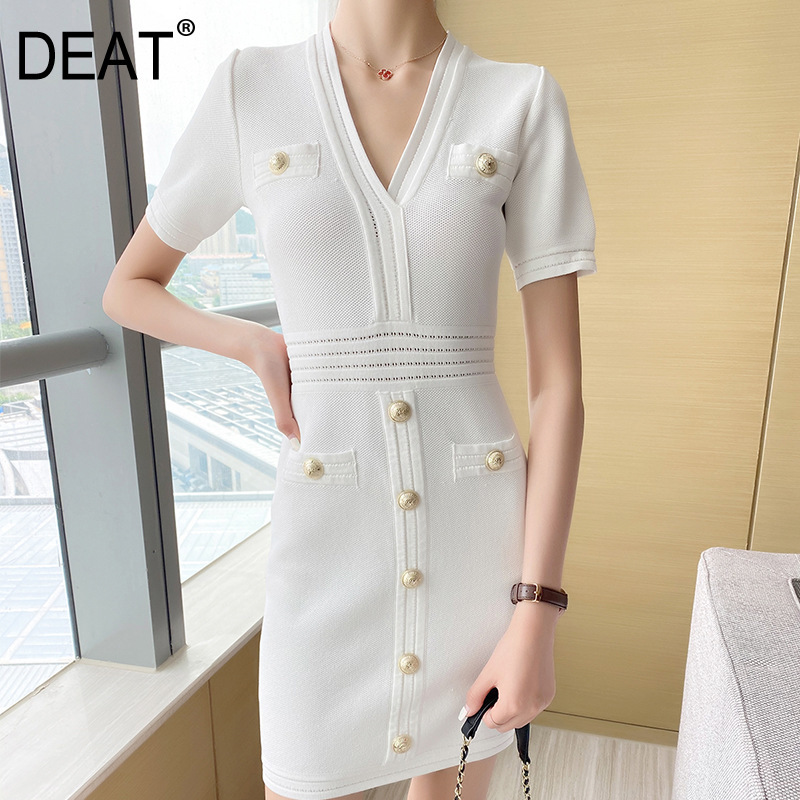 DEAT spring and summer fashion women clothes short sleeves V-neck single breasted zippers pullover slim white dress 210428