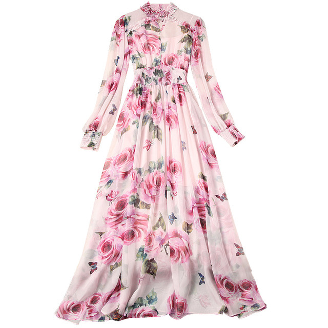 Women Runway Rose Floral Maxi Dress Luxury Pink Flower Print Lantern Sleeve Beading Stand Collar Party Chiffon Long Dress, Black;gray
Women Runway Rose Floral Maxi Dress Luxury Pink Flower Print Lantern Sleeve Beading Stand Collar Party Chiffon Long Dress, Black;gray