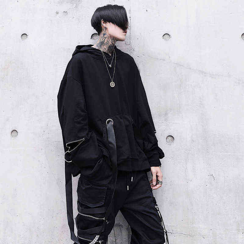 HOUZHOU Black Hoodie Goth Sweatshirt Hood Autumn Techwear Punk Gothic Darkwear Hoodie Sweatshirts Streetwear Hip Hop Harhjuku 211116